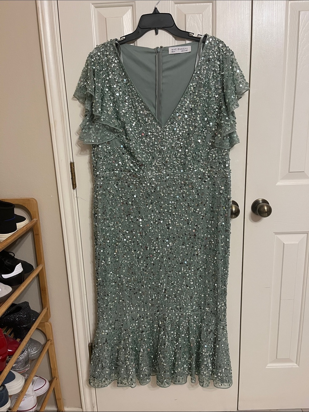 Mac Duggal Sage Green Sequini V-Neck Midi Dress with Flutter Sleeves NWOT